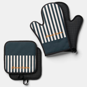 Navy Streifen   Das moderne Monogramm für den Gent Ofenhandschuh & Topflappen-Set