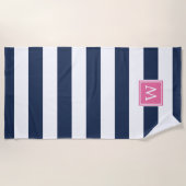 Navy Strip & Pink Monogram Strandtuch (Vorderseite)