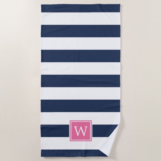 Navy Strip & Pink Monogram Strandtuch (Vorderseite)