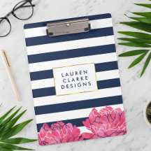 Navy Strip & Pink Peony Clipboard