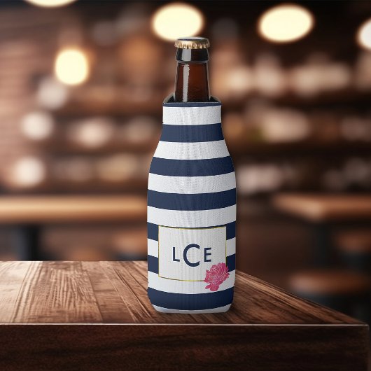 Navy Strip & Pink Peony Monogram Flasche Cooler Flaschenkühler