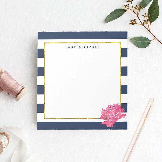 Navy Strip & Pink Peony Personalisiert Notepad Notizblock