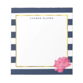 Navy Strip & Pink Peony Personalisiert Notepad Notizblock (Vorderseite)