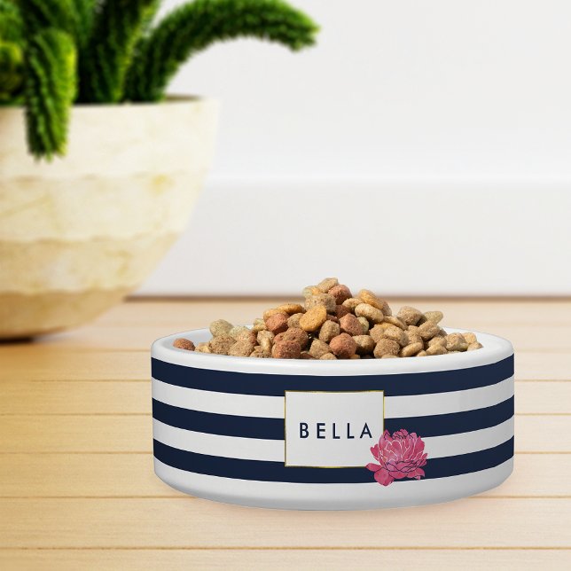 Navy Strip & Pink Peony Personalisiert Pet Bowl Napf (Von Creator hochgeladen)