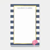 Navy Strip & Pink Peony Personalisiert Post-it Klebezettel (Vorderseite)