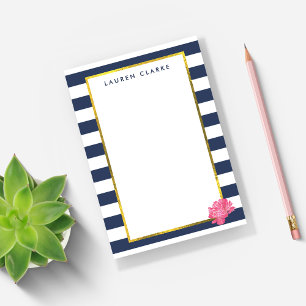 Navy Strip & Pink Peony Personalisiert Post-it Klebezettel