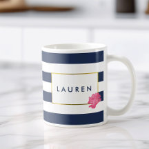 Navy Strip & Pink Peony personalisierte Mug