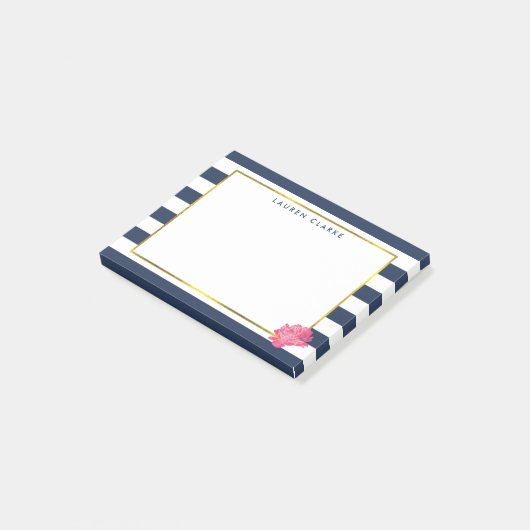 Navy Strip & Pink Peony Post-it Klebezettel (angewinkelt)