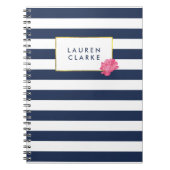 Navy Strip & Watercolor Pink Peony Notebook Notizblock (Vorderseite)