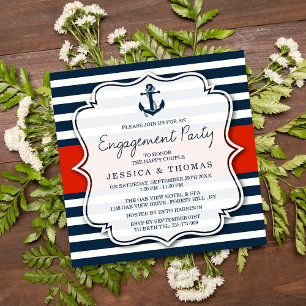 Navy Stripe Nautical Anchor Engagement Party Einladung