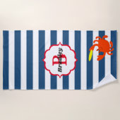 Navy Stripe Nautical Crab Mit Monogramm Beach Hand Strandtuch (Vorderseite)
