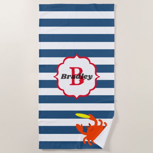Navy Stripe Nautical Crab Mit Monogramm Beach Hand Strandtuch (Vorderseite)