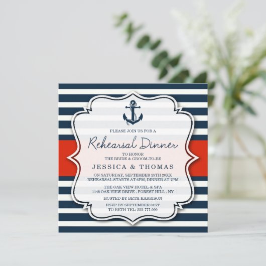 Navy Stripe Nautical Wedding Probe Dinner Einladung (Stehend Vorderseite)