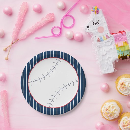Navy Striped Baseball Paper Plate Pappteller (Party)