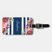 Navy Stripes Burgundy Blush Floral Monogram Gepäckanhänger (Vorderseite horizontal)