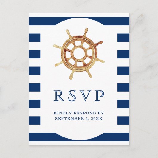 Navy Stripes Lenkrad Nautical Wedding RSVP Postkarte (Vorderseite)