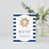 Navy Stripes Lenkrad Nautical Wedding RSVP Postkarte (Stehend Vorderseite)