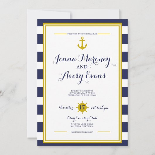 Navy Stripes mit Anchor Nautical Wedding Einladung (Vorderseite)