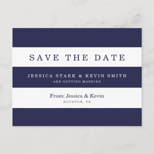 Navy Stripes Wedding Save the Date Postcard Ankündigungspostkarte (Vorderseite)