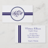 Navy Strips Frame Monogram Business Card Visitenkarte (Vorne/Hinten)