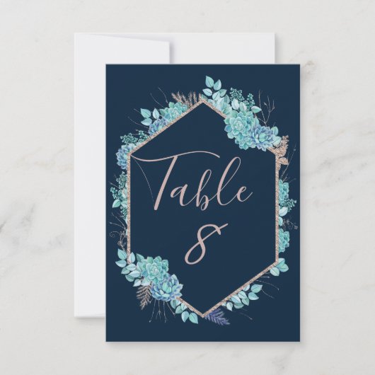 Navy Succulents & Rose Gold Wedding Tischnummern (Vorderseite)