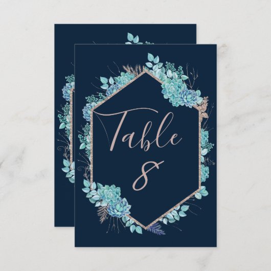 Navy Succulents & Rose Gold Wedding Tischnummern (Vorne/Hinten)
