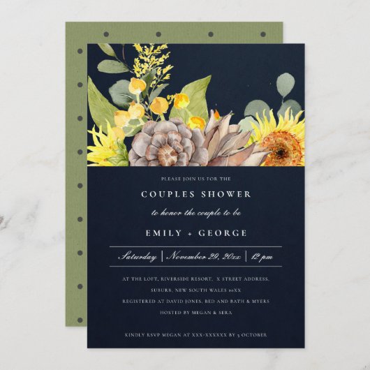 NAVY SUNFLOWER EUCALYPTUS FLORAL COUPLES SHOWER EINLADUNG (Vorne/Hinten)