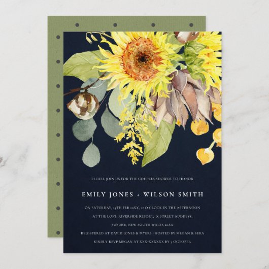 NAVY SUNFLOWER EUCALYPTUS FLORAL COUPLES SHOWER EINLADUNG (Vorne/Hinten)