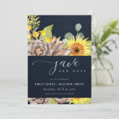 NAVY SUNFLOWER EUCALYPTUS FLORAL SAVE THE DATE EINLADUNG (Stehend Vorderseite)