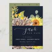 NAVY SUNFLOWER EUCALYPTUS FLORAL SAVE THE DATE EINLADUNG (Vorne/Hinten)