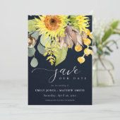 NAVY SUNFLOWER EUCALYPTUS FLORAL SAVE THE DATE EINLADUNG (Stehend Vorderseite)