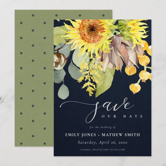 NAVY SUNFLOWER EUCALYPTUS FLORAL SAVE THE DATE EINLADUNG (Vorne/Hinten)