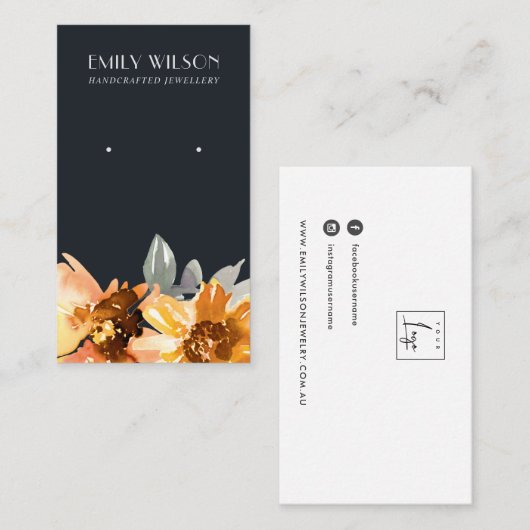 NAVY SUNFLOWER FALL AUTUMN STUD EARRING DISPLAY VISITENKARTE (Vorne/Hinten)