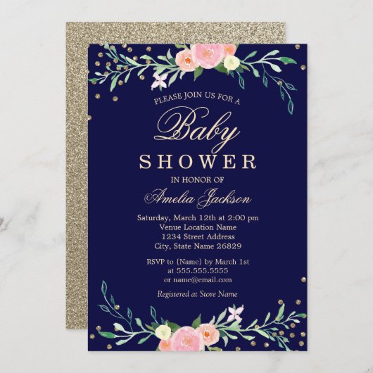 Navy Sweet Floral Sparkle Confetti Babydusche Einladung (Vorne/Hinten)