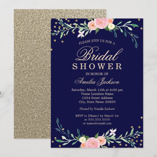 Navy Sweet Floral Sparkle Confetti Brautparty Einladung (Vorne/Hinten)