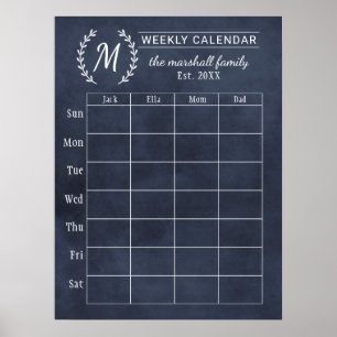 Navy Tafelkalender Wöchentlicher Familienmonogramm Poster