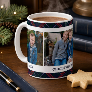 Navy-Tartan-Karo-Weihnachtsfoto-Name Kaffeetasse
