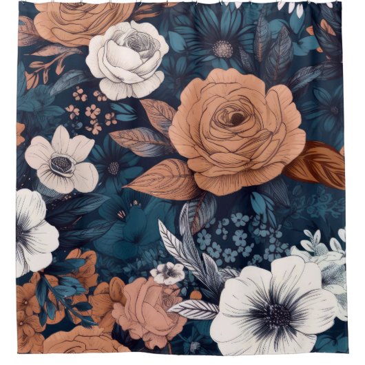 Navy & Taupe Boho Blumendrucke Duschvorhang (Vorderseite)