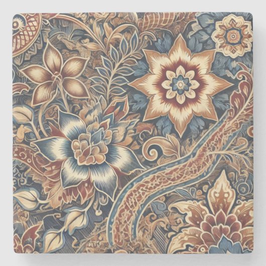 Navy Terracotta Boho Batik Floral Watercolor Steinuntersetzer (Vorderseite)