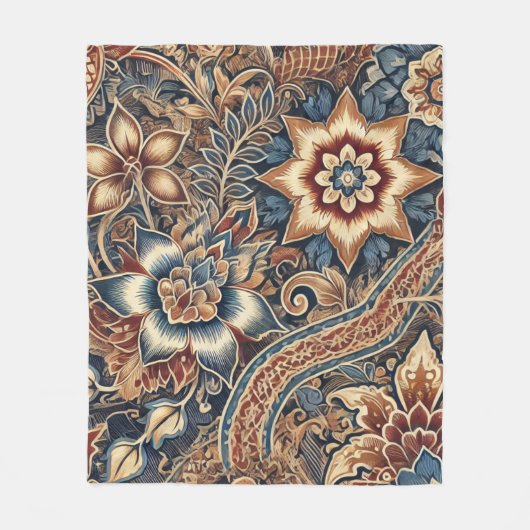 Navy Terracotta Boho IndoneBatik Floral Wasserfarb Fleecedecke (Vorderseite)