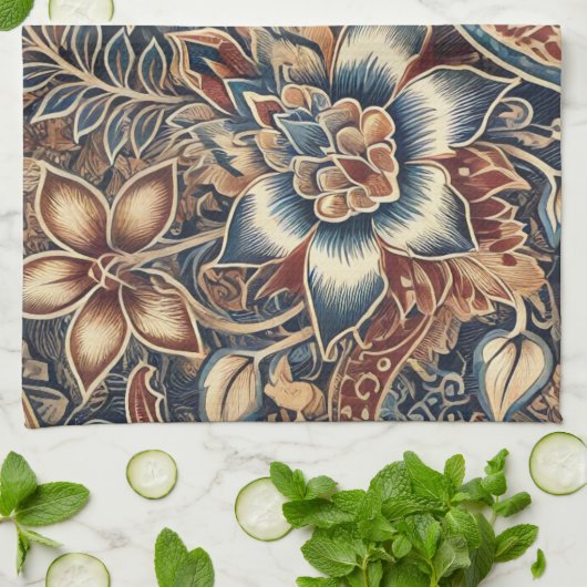 Navy Terracotta Indonesia Batik Floral Boho Rustik Geschirrtuch (Gefaltet)