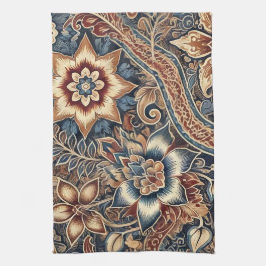 Navy Terracotta Indonesia Batik Floral Boho Rustik Geschirrtuch (Vertikal)