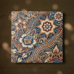 Navy Terrakotta Batik Boho Aquarell Blumenmuster Fliese