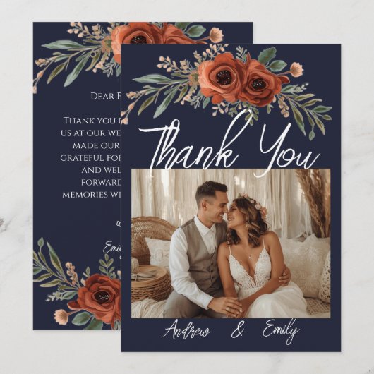 Navy Terrakotta Blumen Boho Hochzeit Danke (Vorne/Hinten)