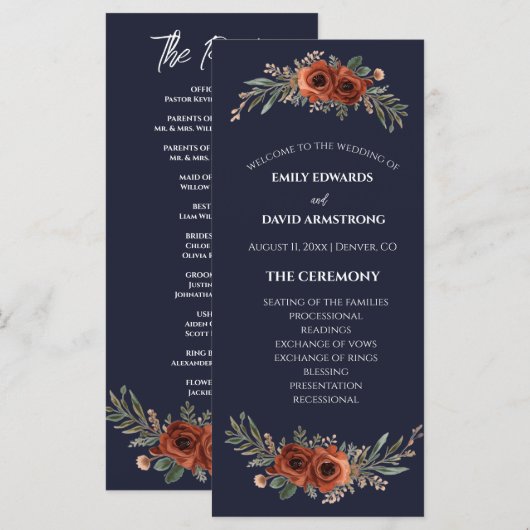 Navy Terrakotta Blumen Boho Hochzeitsprogramm (Vorne/Hinten)