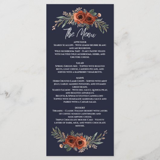 Navy Terrakotta Boho Blumen Menükarte (Vorderseite)