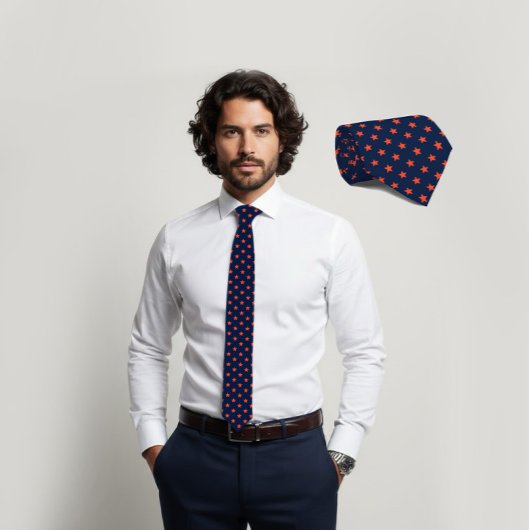 Navy Tie with Carrot-Orange Star Pattern Krawatte