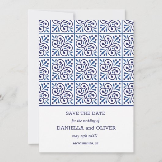 Navy Tile Mediterrane Hochzeit speichern das Datum Einladung (Vorderseite)