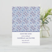 Navy Tile Mediterrane Hochzeit speichern das Datum Einladung (Stehend Vorderseite)