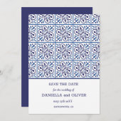 Navy Tile Mediterrane Hochzeit speichern das Datum Einladung (Vorne/Hinten)